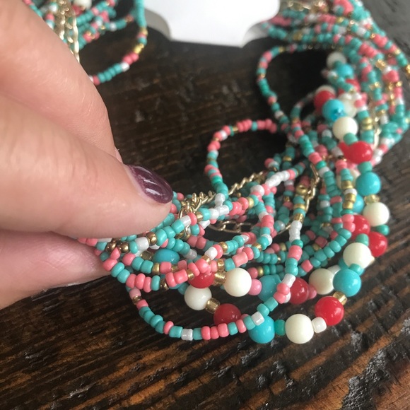 SEED BEAD Multi Strand Statement Necklace Teal Red White Coral NEW! 497A1 - Picture 8 of 9